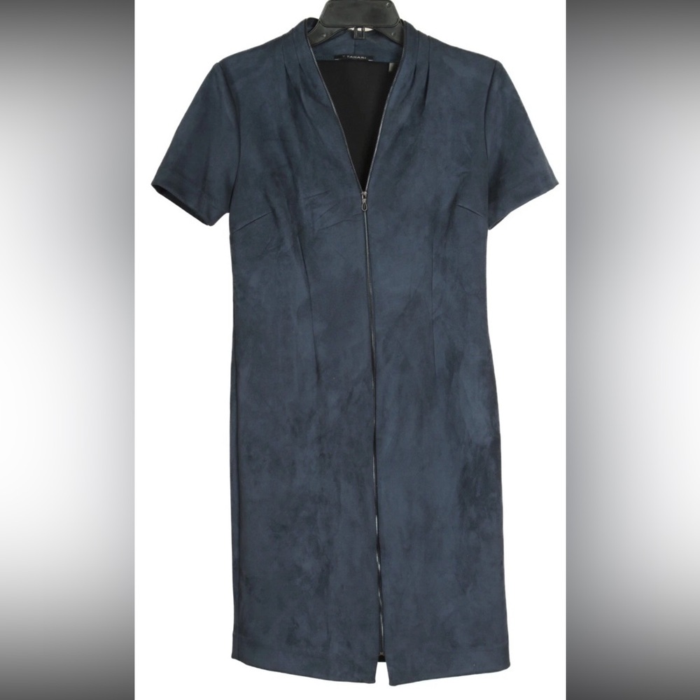 T Tahari Dress Women’s 6 Blue Straight Short Sleeve Zip Up Stretch V Neck